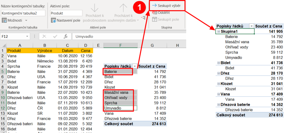 Excel - kontingenční tabulka - vlastní seskupení